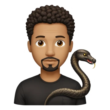 Homme noir, yeux marron avec un bouc sans la moustache, cheveux noir court et bouclé crépus avec un dégradé sur le côté, avec un cobra à côté , t-shirt noir  sticker