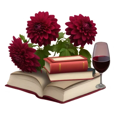 A deep red pile of books with classic dahlias and a spilled wine glass sticker