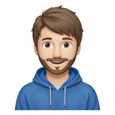 20 year old man, short scruffy beard and thin moustache, brown puffy mullet, blue eyes, big smile, white teeth, big lips, pronounced jaw, hair longer in back, sticking up on top, thin face, grey hooded sweatshirt, pale skin, big smile, blue eyes, puffy hair that is long in back, blue eyes sticker