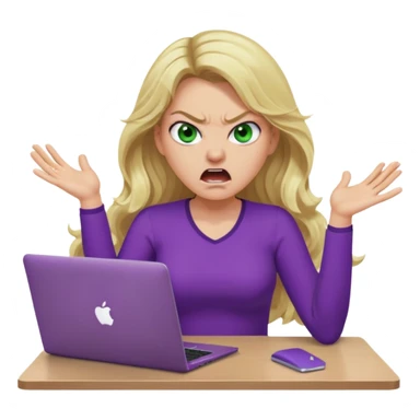 lady with long wavy blonde hair, purple top, green eyes, at desk with hands and face gesturing very angry and shouting, with a purple mac laptop  sticker