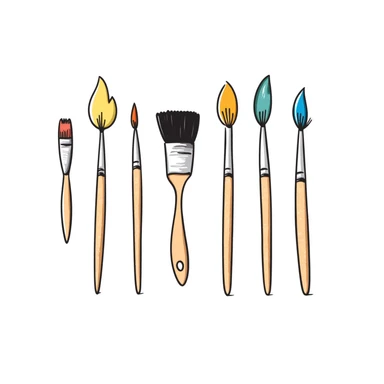 Set of artist paintbrushes in different sizes and shapes with wooden handles and colorful bristles. Using specific pastel colors (dd9fb0, ffc6d3, a3bfc9, c4bee2, f1b091). Hand-drawn doodle style with intricate details. Some brushes have paint on their tips. Transparent background. sticker