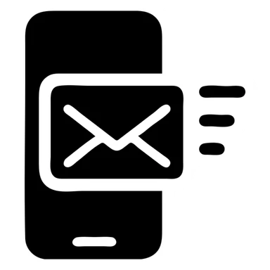 Create a minimalist icon with a phone body and an envelope, both filled with solid black color, on a transparent background, matching the example style shown in the reference image. sticker