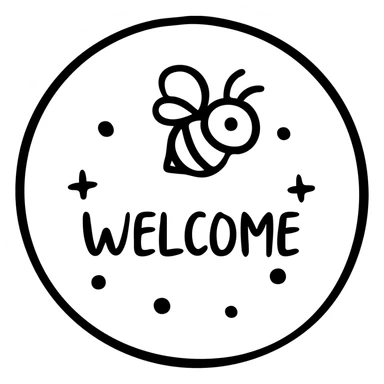 Welcome sign with honeybee, black and yellow colors, 'WELCOME' text sticker