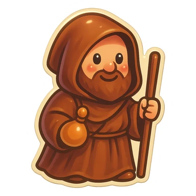 medieval pilgrim wearing a brown cloak, cute and funny, sticker style, voting sticker