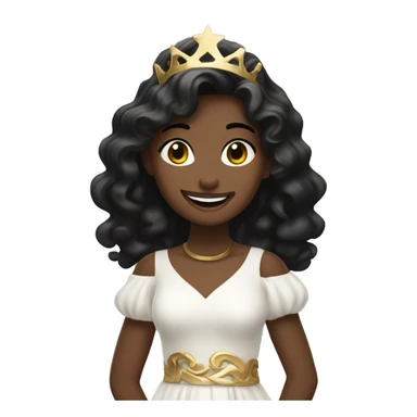 A girl with wavy black hair, wearing a white dress with gold details, smiling softly in a festive setting. sticker