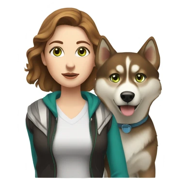 White Woman hair brown and bleus eyes and golden Husky With green eyes sticker