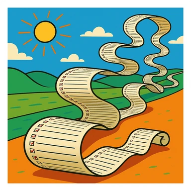 extremely long wavy to-do list with hundreds of tiny checkboxes, curling and looping like a cartoon snake, disappearing into the horizon, vibrant cartoon style sticker