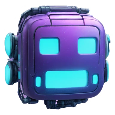Smily face robotic scanning device, cyberpunk, cyan and purple colors, friendly, futuristic, binary code sticker