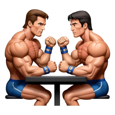 Arnold Schwarzenegger and Sylvester Stallone from 'Over the Top,' locked in an arm wrestling battle, using only their right hands. Their left hands rest on the table. Both display immense strength, with muscular arms flexing, under bright competition lights. Transparent background. sticker
