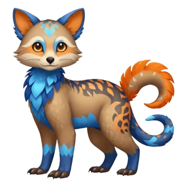 Colorful brown with blue and orange tropical exotic shiny beautiful fantasy-Trico-Cacomistle-oncilla-animal-Fakémon-hybrid-fursona (full body) sticker