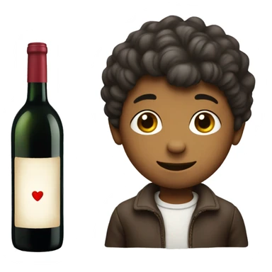A boy with a bottle of wine come with a heart shape label sticker