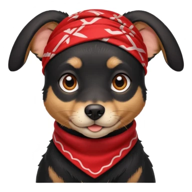 Shadow is a mixed-breed dog, a cross between a Belgian Malinois and a Border Collie. He has a sleek black coat, big upright ears, and bright, intelligent eyes. He wears a red bandana around his neck, which gives him a strong and distinctive look. sticker