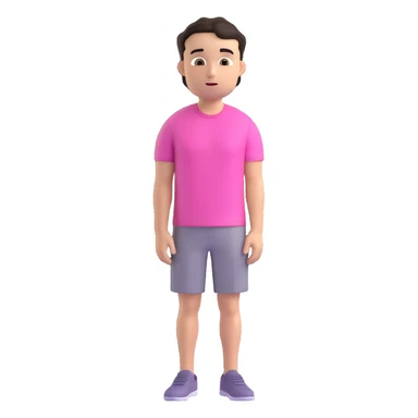 young man with short dark hair, pink t-shirt, neutral facial expression, Microsoft Fluent 3D emoji style sticker