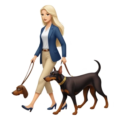 A beautiful white woman with long hair walks a Doberman sticker
