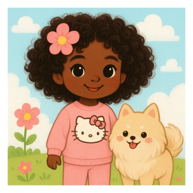 girl with very dark brown curly hair, black eyes, brown skin, wearing a pink Hello Kitty outfit, with a pink flower on her head, accompanied by a beige Pomeranian dog sticker