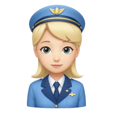 Cute emoji-style Japanese flight attendant, blonde hair long, pastel blue airline uniform, kawaii cartoon style, big eyes, simple clean lineart, pastel colors, chibi proportions, friendly smile, sticker/emoji, transparent background sticker