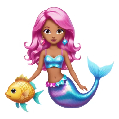 Brown skin blonde hair barbie mermaid with holographic tail and pink hair with pufferfish sticker