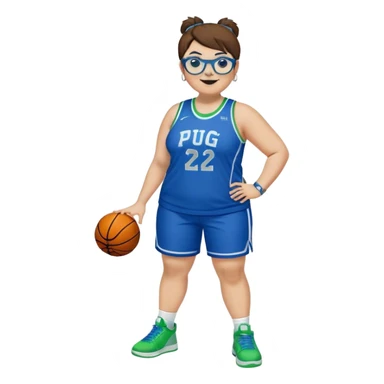 Full Body plus size white female basketball player with short medium brown hair with  spike hair wearing blue glasses 
With a pug wide nose wearing blue green uniform  green sneakers smiling wearing silver hoop earrings sticker