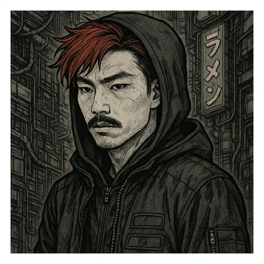 Asian man with black mustache, red hair, black hoodie, Japanese manga style inspired by Ghost in the Shell, cyberpunk atmosphere, detailed linework, monochrome with subtle color accents sticker