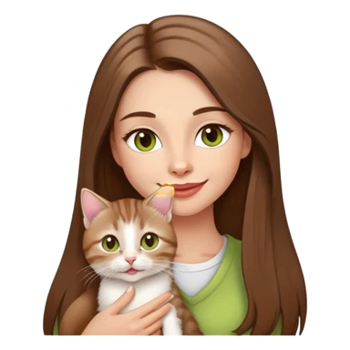 Woman with super long straight brown hair, rosy lips, chartreuse eyes, cute happy smile holding a white and brown tabby kitten sticker