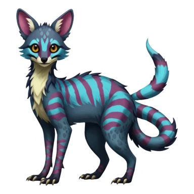 Feral Rare Fantasy dark colorful Vernid-Sergal-Genet-Trico-species by LiLaiRa, random markings, tufted tail, tufted ears, full body sticker