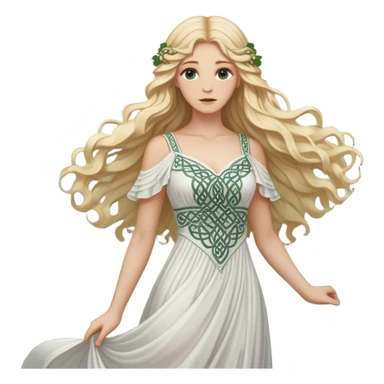 A blonde woman with long wavy hair, wearing a white flowing dress with intricate Celtic patterns, standing in a misty forest, detailed sticker