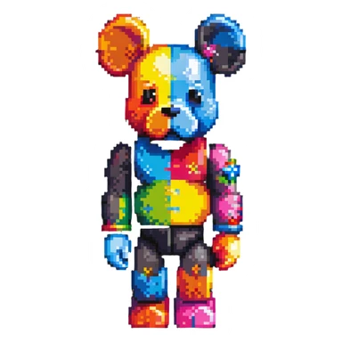 Pixel art KAWS Bearbrick figure with X eyes, blocky bear shape, vibrant colors sticker