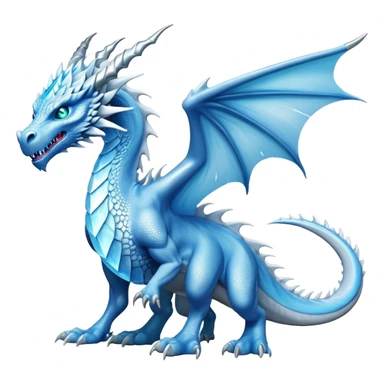 Cinematic Noble Fierce Ice Dragon full body Emoji, Poised and imposing, distinct long elegant snout, with a slender, scaled body shimmering in glacial hues of icy blue, frostbitten silver, and crystalline white, breathing out frost, with piercing, glowing eyes that radiate the chilling depths of an arctic storm; rendered in detail. displaying its wings sticker