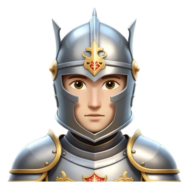 Clash of Clans aesthetic: Cinematic heroic Armored Knight Hero close up Emoji, rendered in a 3D vector-style similar to standard emojis with minimal shading and bold, simplified shapes. A compact, isometric warrior clad in gleaming plate armor with intricate heraldic details, softly glowing with a chivalrous medieval charm. Simplified yet unmistakably iconic, highly detailed and consistent, glowing with a soft radiant shine and high polish. Stylized with a touch of noble valor and a soft glowing outline, wearing a full face helm so that no face is visible with only eyes visible, capturing the essence of a gallant knight ready for honorable battle with a friendly, playful manner! sticker