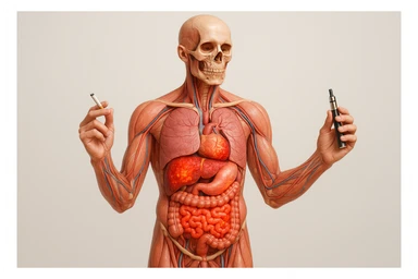 Medical illustration, hyperrealistic 4K, realistic anatomical human body, inflamed liver and intestine highlighted, holding a lit normal cigarette in the right hand and an electronic cigarette in the left hand, clear background, extremely detailed, same lighting and style as the provided reference image. sticker