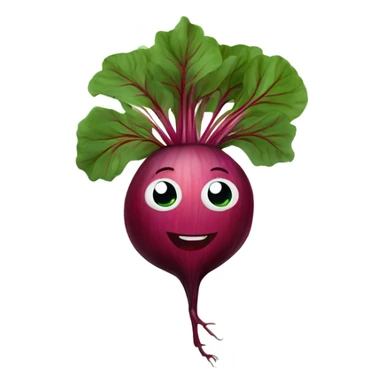 miling beetroot with big expressive eyes, rosy cheeks, and a green leaf on top. Simple and bright design with a cheerful and cartoonish style. sticker