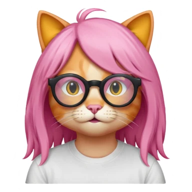 Orange Yellow cat wearing a long pink hair wig, black circle glasses, white T-shirt sticker