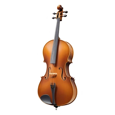 Create a refined and detailed emoji representing a Cremona cello with a bow. The design should feature the smooth, polished wooden body of the cello with a deep, rich tone color. The strings and tuning pegs should be visible, emphasizing the instrument's fine craftsmanship. Add a delicate bow placed gently across the strings, with intricate detailing on the hair and frog. Include subtle musical notes around the cello to evoke the graceful, classical sound. Use warm wood tones and accents like gold and silver for a professional, elegant look. The background should be transparent. sticker