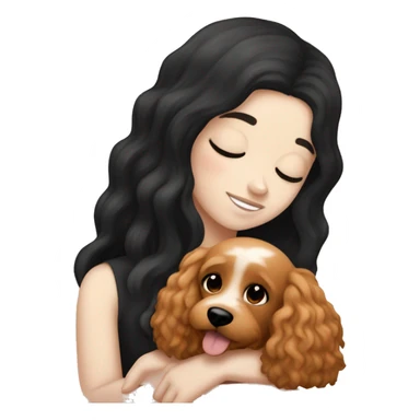 White skinned european girl with long black hair cuddling with an apricot coloured cockapoo sticker