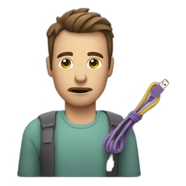 Man holding a snapped USB cable. Unhappy sticker