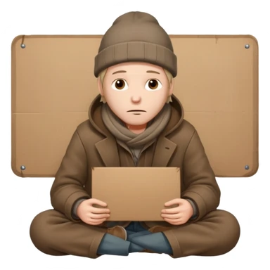 A tired homeless man wearing a worn brown coat and beanie, sitting quietly with a cardboard sign in his hands.
 sticker