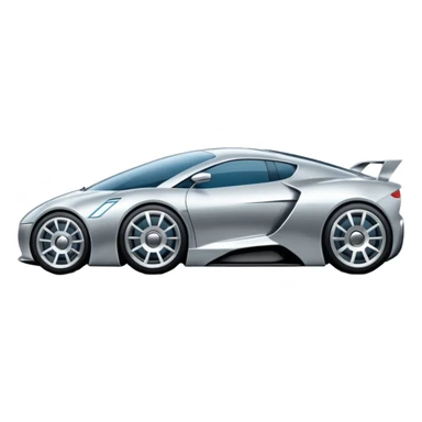 A low-profile futuristic car emoji made of polished silver chrome, wide body stance, smooth aerodynamic shape, glossy metallic surface, soft reflections, luxury swag aesthetic, minimal details, iOS emoji style, centered on clean white background, studio lighting sticker