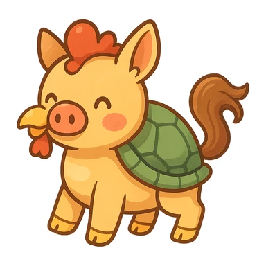 whimsical creature combining features of a pig, chicken, turtle, and horse, in a fun and imaginative style, cartoonish, colorful, playful sticker