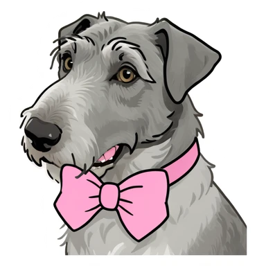 A grey/white Irish wolfhound wearing a pink bow sticker