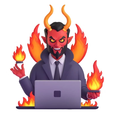 sinister demon salesman with laptop and fire effects sticker