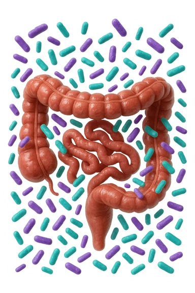 intestino umano anatomico realistico pieno di batteri intestinali viola e turchesi che gli fluttuano intorno, IPERREALISTICA 4K sticker