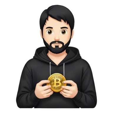 hackeur blanc cheveux noir barbe et capuche noir avec un bitcoin sticker