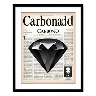 a large newspaper. The  has the title “Carbonado” in bold letters and features a central image of a shining black diamond.background is minimalistic and light. The overall atmosphere chic, sophisticated. sticker