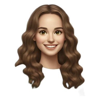 beautiful girl, white, with long loose wavy hair, brown hair, brown green eyes, looks like natalie portman, smiles at the camera, good teeth, white sweater, realistic drawing sticker