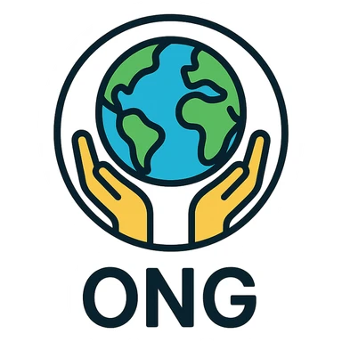 ONG logo, circular emblem, hands holding globe, friendly and approachable, vector style sticker
