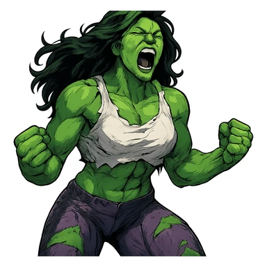 a female Hulk roaring in rage, fists clenched, green skin, ripped shirt and pants sticker