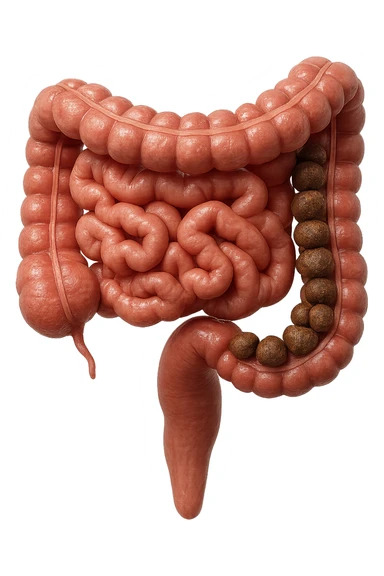 intestino umano anatomico con feci a palline bloccate nel colon, stipsi, iperrealistico 4k sticker