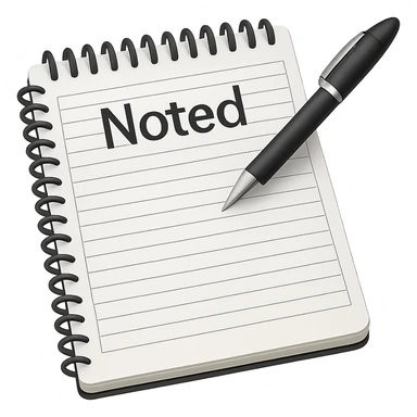 Add the word 'noted' in a clear, simple font integrated with the apple style emoji. Keep the apple emoji style look and ensure no background (transparent). sticker