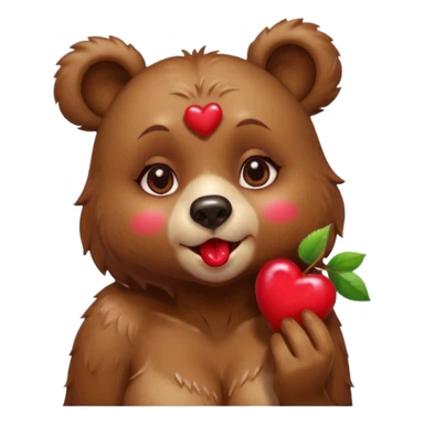 A female bear, with cherries on ears, blowing a kiss with her lips, releasing a heart sticker