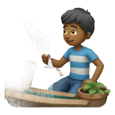 boy pouring water from a hose onto a sailboat  sticker